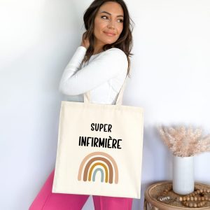 tote bag super infirmière boho style bohème arc-en-ciel